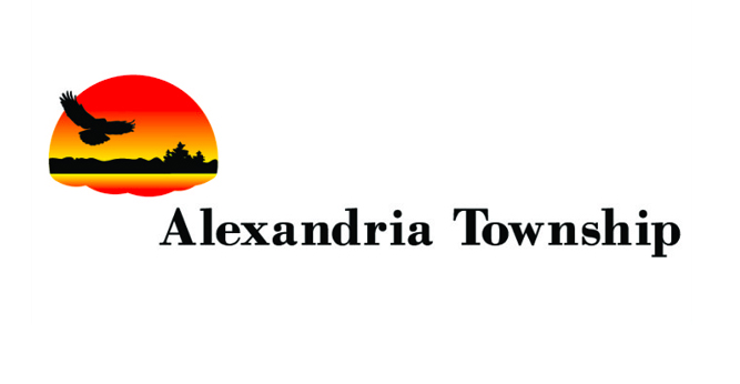 A logo with a red and orange sunset, a flying bird, and trees on the left, beside the black text “Alexandria Township” on a white background.