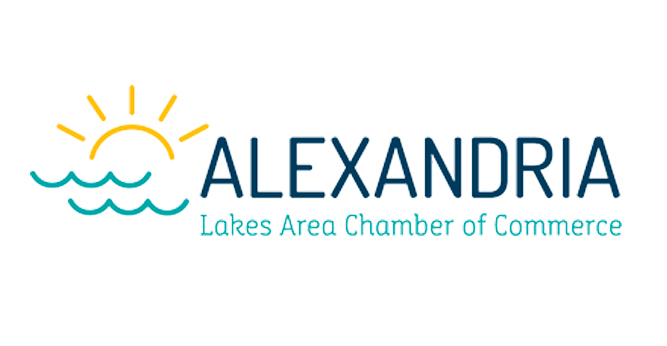 Logo for Alexandria Lakes Area Chamber of Commerce featuring a yellow sun rising over blue waves and "ALEXANDRIA" in bold blue letters, inspiring the community to Shop Safe and enjoy Shop Holidays in the Lakes Area.