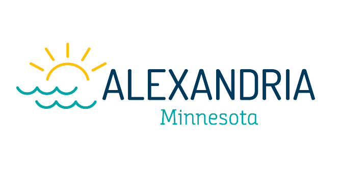 Logo for Alexandria, Minnesota featuring a yellow sun rising over blue waves to the left of the text "ALEXANDRIA" in large letters and "Minnesota" in smaller, teal letters underneath.
