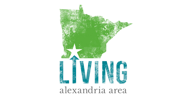 A green silhouette of Minnesota with a white star over the Alexandria area. Below, blue text reads "LIVING" with an upward arrow replacing the "I," and gray text says "alexandria area.