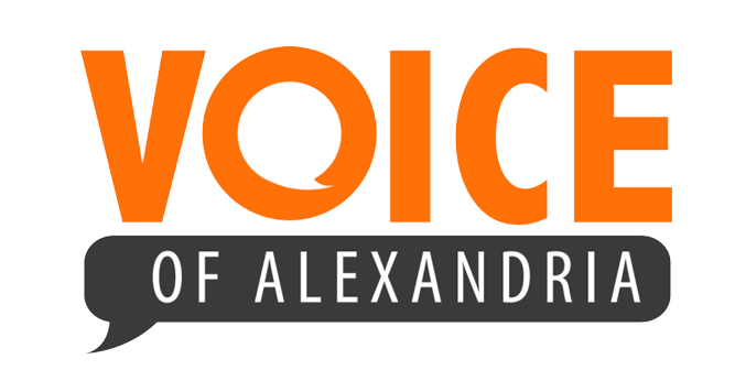 Logo with large orange text reading "VOICE." Below, a black speech bubble contains white text: "OF ALEXANDRIA." The speech bubble's tail points left, emphasizing a communication theme.
