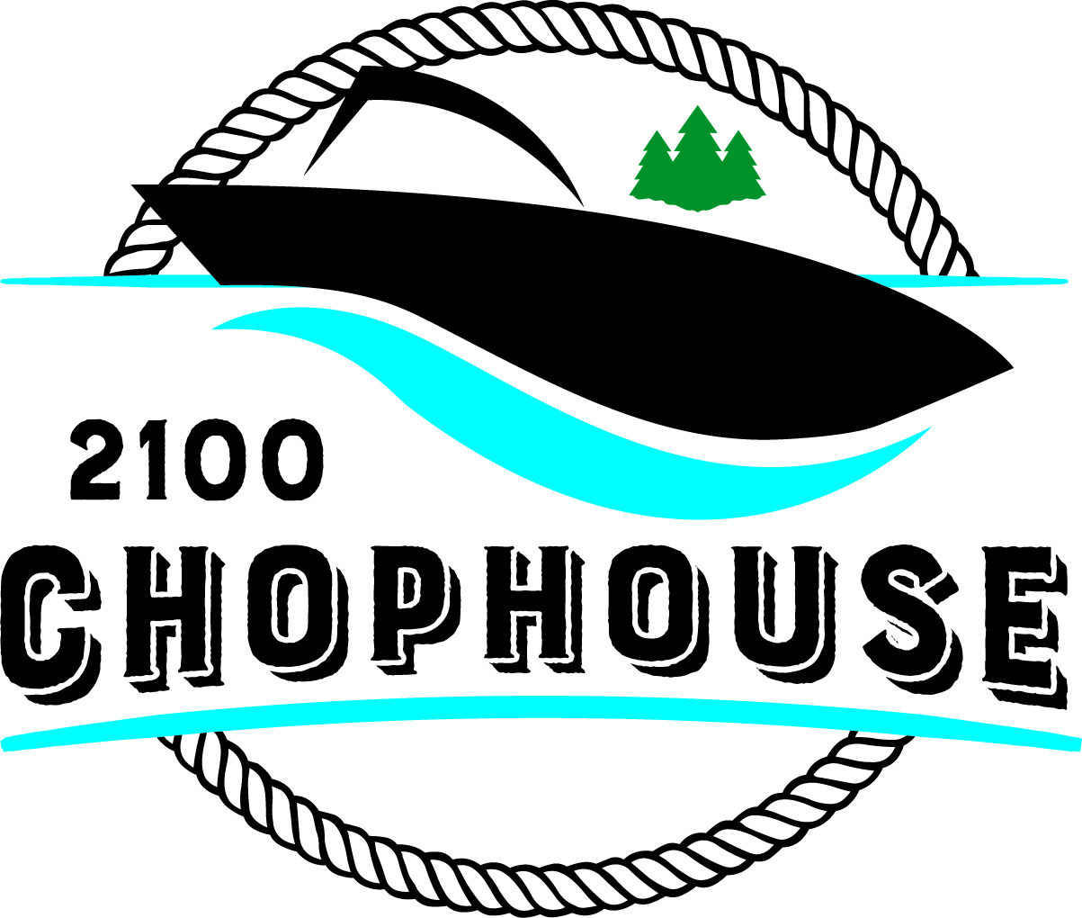 Logo for 2100 Chophouse features a black silhouette of a boat on blue waves, framed by two green pine trees and a rope circle border. The bold, stylized “2100 Chophouse” text sits prominently below the boat.