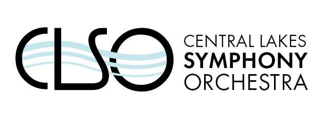 Central Lakes Symphony Orchestra logo with wavy blue lines flowing through the letters "CLSO" and "Central Lakes Symphony Orchestra" in black text on the right, representing live music in Alexandria MN.
