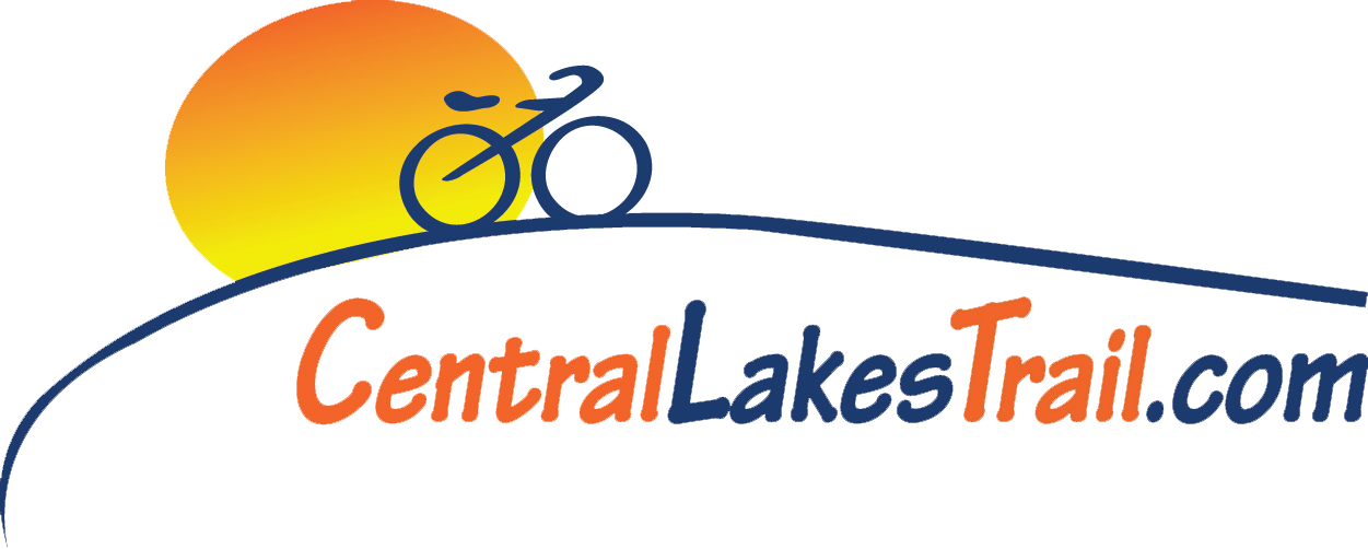 Logo for CentralLakesTrail.com featuring a stylized bicycle on a curved blue line, capturing the scenic charm of the Central Lakes Trail, with an orange-yellow sun in the background and the website name in orange and blue text.
