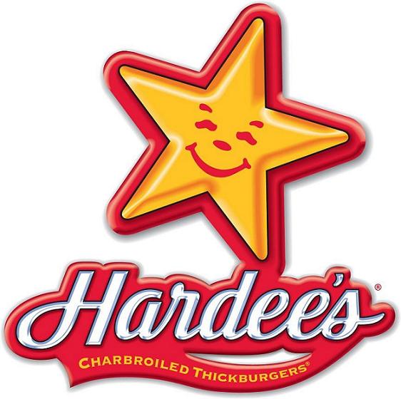 The Hardee’s logo displays a smiling yellow star with red outline above the Hardee’s name in bold script, with “Charbroiled Thickburgers” in yellow below.