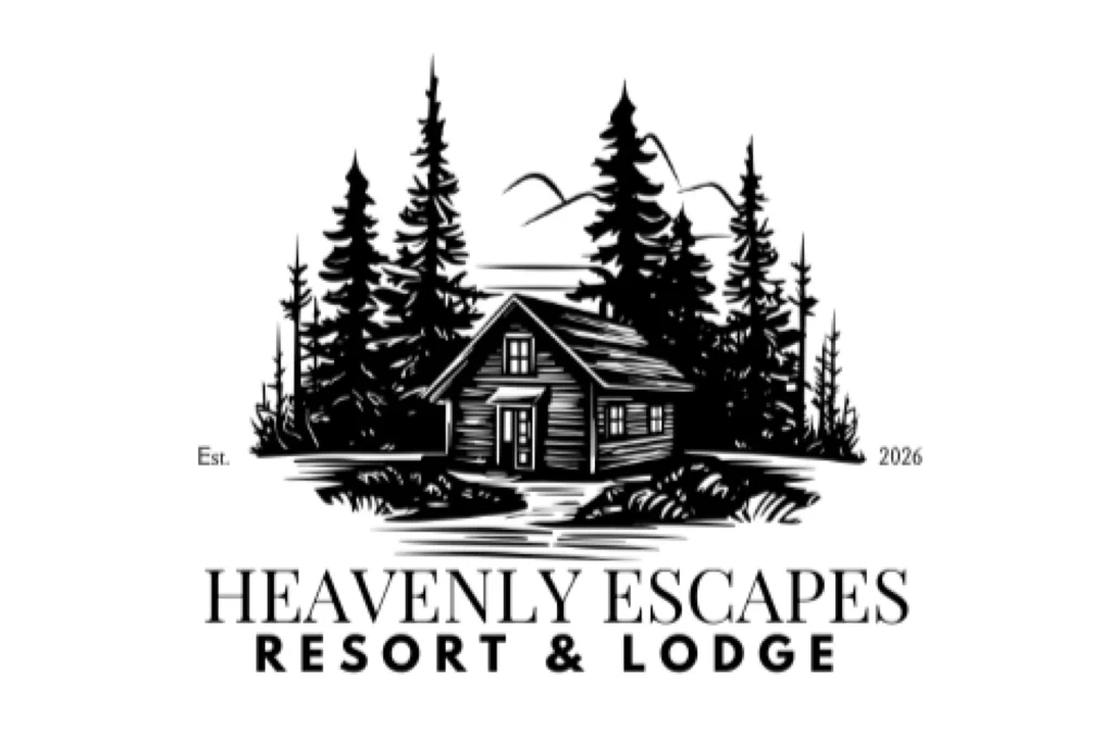 Black and white logo of a cabin surrounded by pine trees with birds flying above. Text reads “Heavenly Escapes Resort & Lodge – Viking Bay Resort.” “Est. 2026” appears on either side of the image.