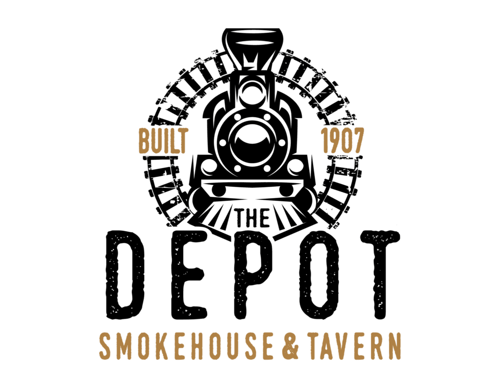 A black and gold logo for Depot Smokehouse & Tavern, featuring an outline of a house, the text "Built 1907" above, and "Smokehouse & Tavern" below.