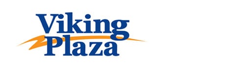 The Viking Plaza Mall logo features the words "Viking Plaza" in blue text with an orange curved swoosh underlining "Viking" and passing through "Plaza." The background is white.