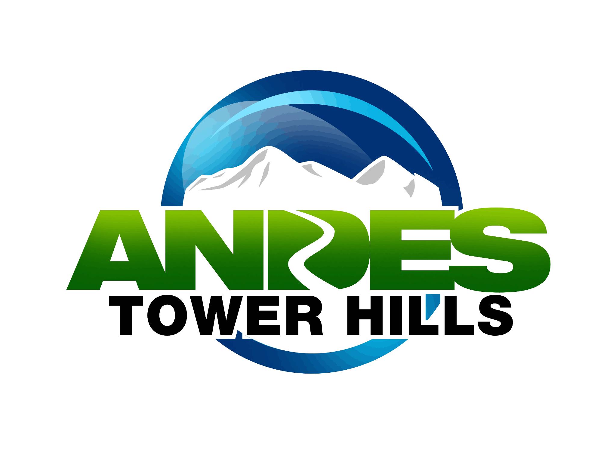 The Andes Tower Hills logo features stylized green text with a winding road forming part of the "N" and "D," set against a blue circular background and white snow-covered mountains above the text.