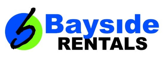 Logo for Bayside Charters and Rentals featuring a blue and green circle with a stylized black "b" next to the words "Bayside" in blue and "RENTALS" in bold black letters.