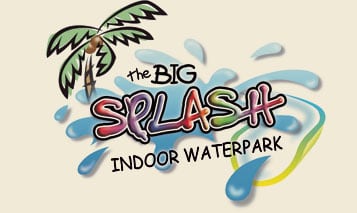 Logo for Big Splash Indoor Waterpark featuring a palm tree and vibrant splashes of water surrounding the playful, multicolored word “SPLASH.” Perfectly capturing the lively energy of Big Splash Indoor Waterpark.