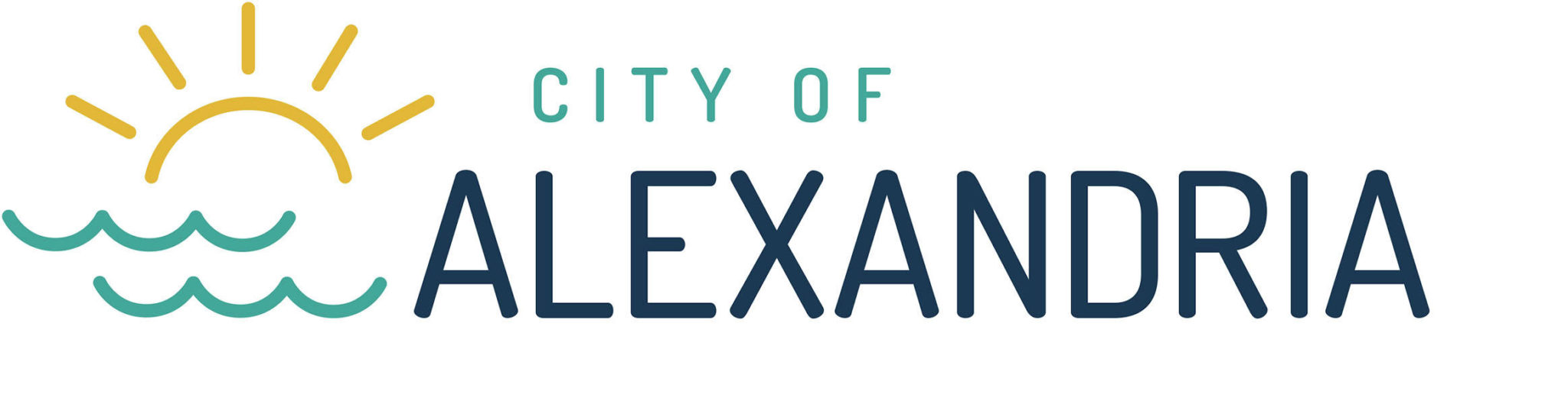 Logo for the City of Alexandria featuring a stylized sun above wavy lines resembling water, with the words “City of Alexandria” in modern lettering—an emblem inspired by local landmarks like Noonan Park.
