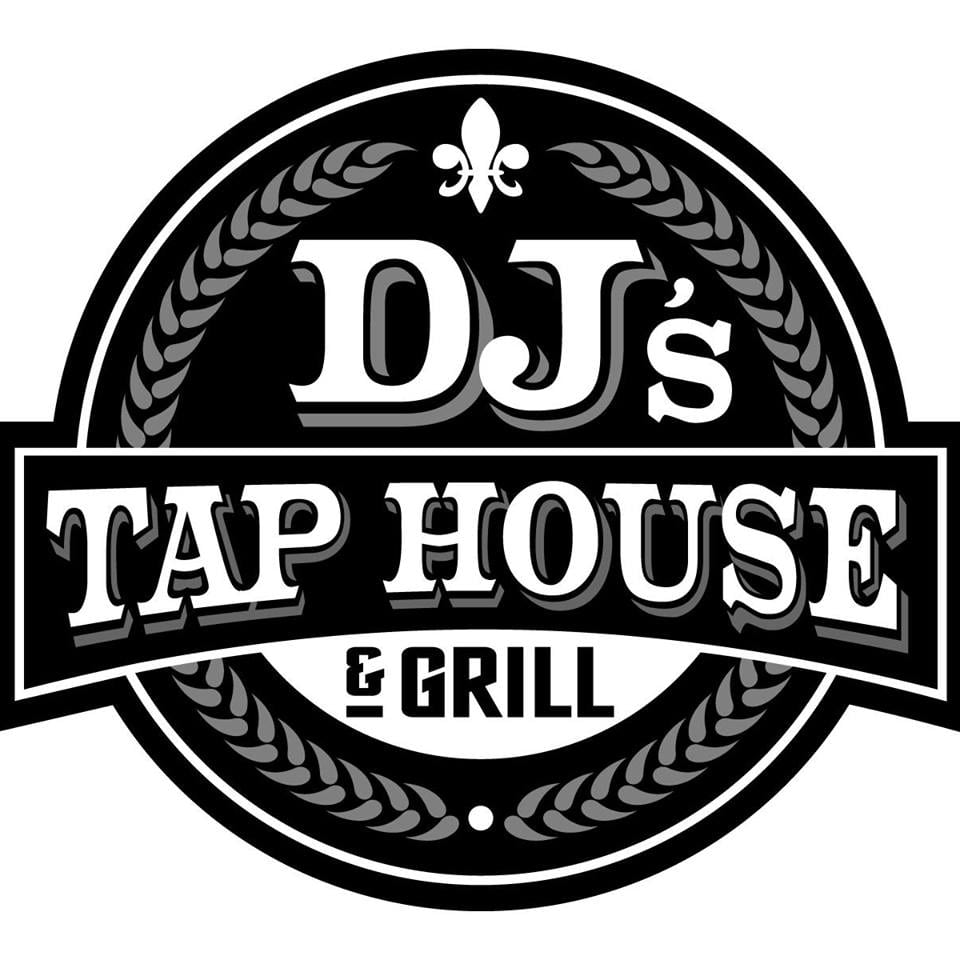 Black and white logo for DJ's Tap House, featuring bold text in a circular design with decorative laurel leaves and a small fleur-de-lis at the top.