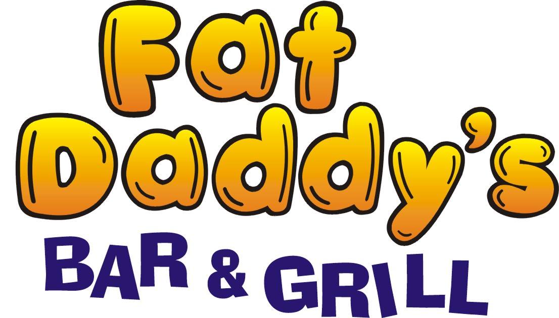 Logo for Fat Daddy's Bar & Grill with "Fat Daddy's" in large, bold, orange-yellow letters and "BAR & GRILL" in smaller, dark blue letters beneath the main name.
