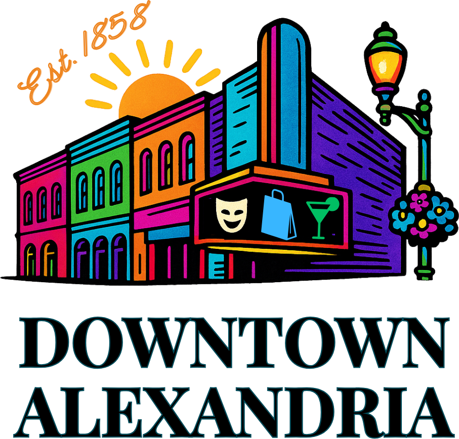 Colorful illustration of Downtown Alexandria buildings with a streetlamp, flowers, and a glowing marquee featuring a theater mask and cocktail. A sunrise and exit sign shine in the background, highlighting the vibrant spirit of Downtown Alexandria.