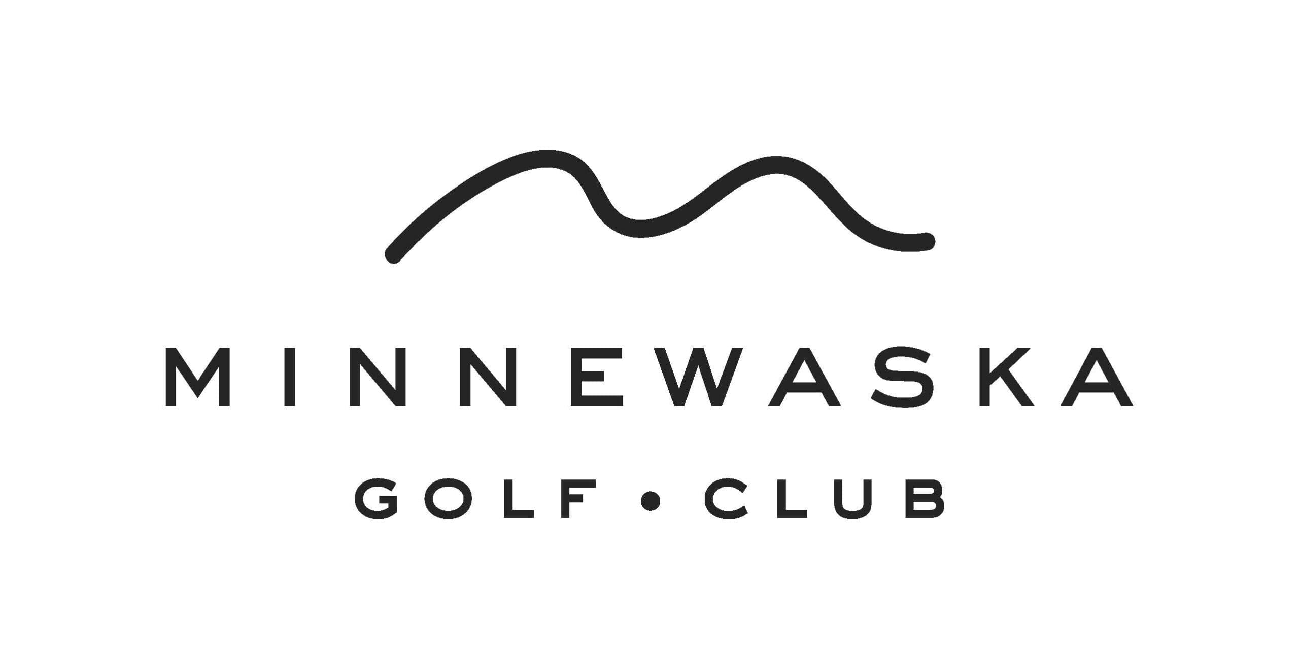 Logo for Minnewaska Golf Club featuring a black curved line resembling hills above the club name "Minnewaska Golf Club" in bold capital letters, with "Golf Club" in smaller text below, all set against a crisp white background.
