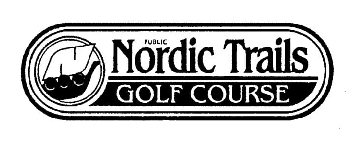 Logo for Nordic Trails Golf Course featuring a stylized leaf and three golf balls on the left, with "Public Nordic Trails Golf Course" in bold text to the right, all enclosed within an elegant oval border.