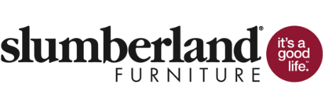 Slumberland Furniture logo with black text. To the right, a red circle features the white text “it’s a good life.”, highlighting the Slumberland Furniture brand.