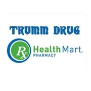 Logo featuring the words "Trumm Drug" in blue gothic-style font above the Health Mart Pharmacy logo, which displays a green and blue circle with "Rx" and the words "Health Mart. PHARMACY.