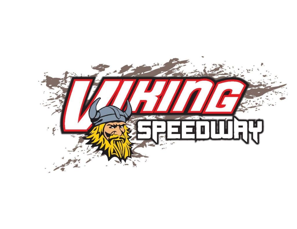 Logo for Viking Speedway featuring bold red and white text with a bearded Viking head in a horned helmet. The background boasts brown grunge splatter effects, capturing the fierce spirit of Viking Speedway.