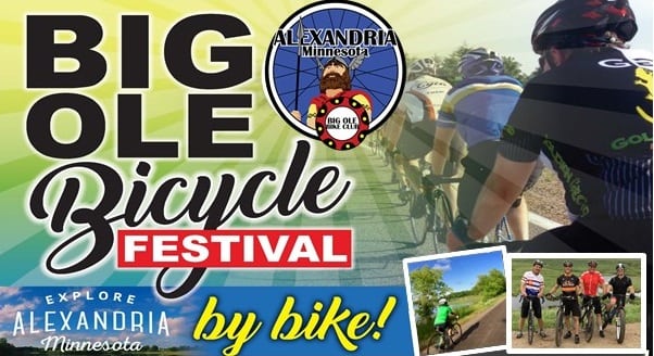 Promotional poster for the Big Ole Bicycle Festival in Alexandria, Minnesota, featuring cyclists riding, event logos, and text inviting you to explore the scenic Alexandria Lakes Area by bike.