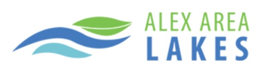 Logo for Alexandria Area Lakes Recreation Map featuring two blue waves and a green leaf to the left of the text "ALEX AREA LAKES" in green and blue capital letters.