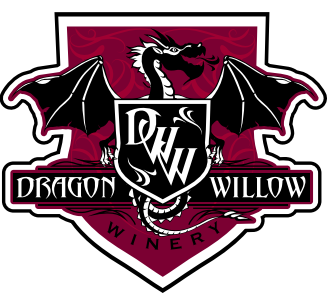 Logo for Dragon Willow Winery featuring a black dragon with raised wings behind a shield displaying "DWW." The words "Dragon Willow Winery" are showcased below on a maroon background.