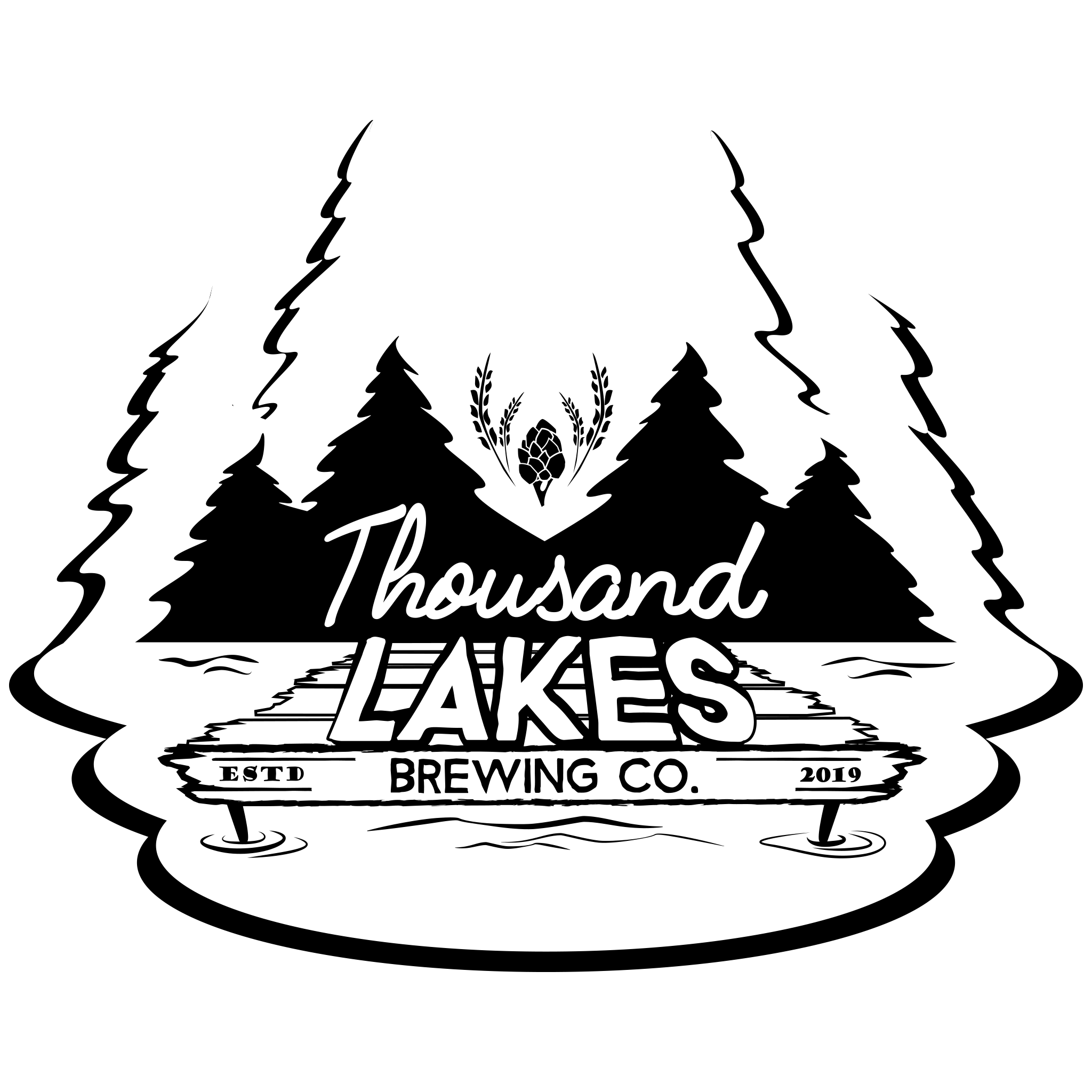 Logo for Thousand Lakes Brewing showcases pine trees, water, a dock, and a hop cone with barley. “Thousand Lakes Brewing Co. Estd 2019” is displayed in bold black and white text, reflecting the brand’s natural inspiration.
