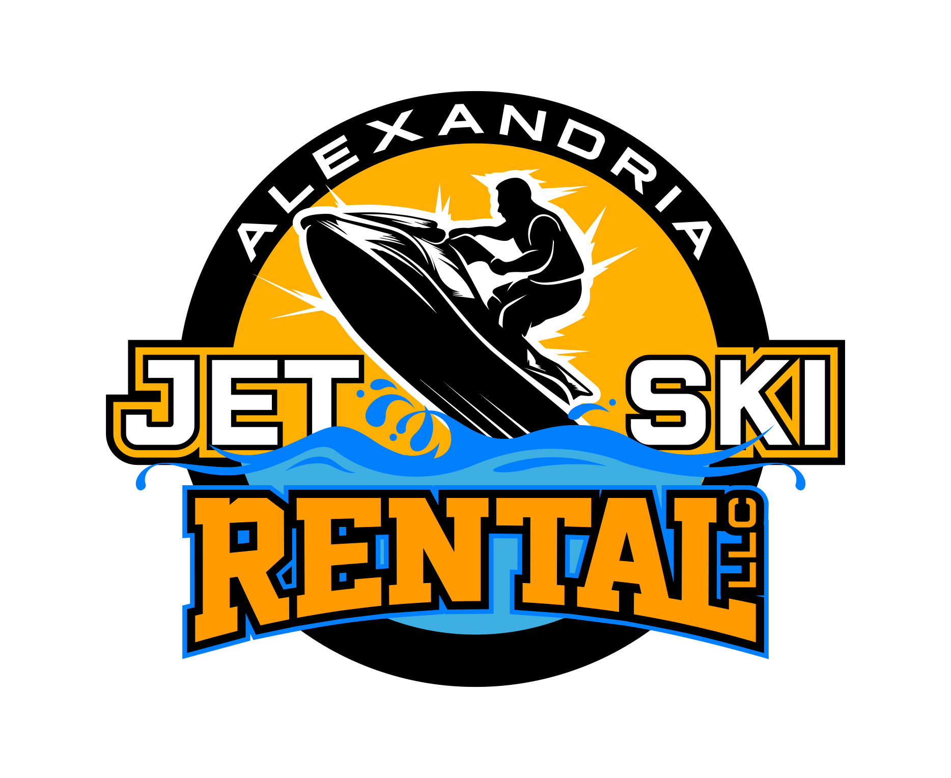 Logo for Alexandria Jet Ski Rental featuring a silhouette of a person riding a jet ski over blue waves, with a yellow sun background and bold black, white, and orange text. Perfect for promoting Alexandria Jet Ski Rental LLC.