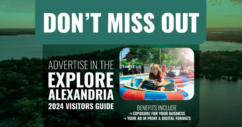 Promotional graphic with "DON'T MISS OUT" at the top, urging you to claim your spot in the 2024 Visitor's Guide. Features a bumper boats photo, a scenic lake background, and highlights advertising benefits.
