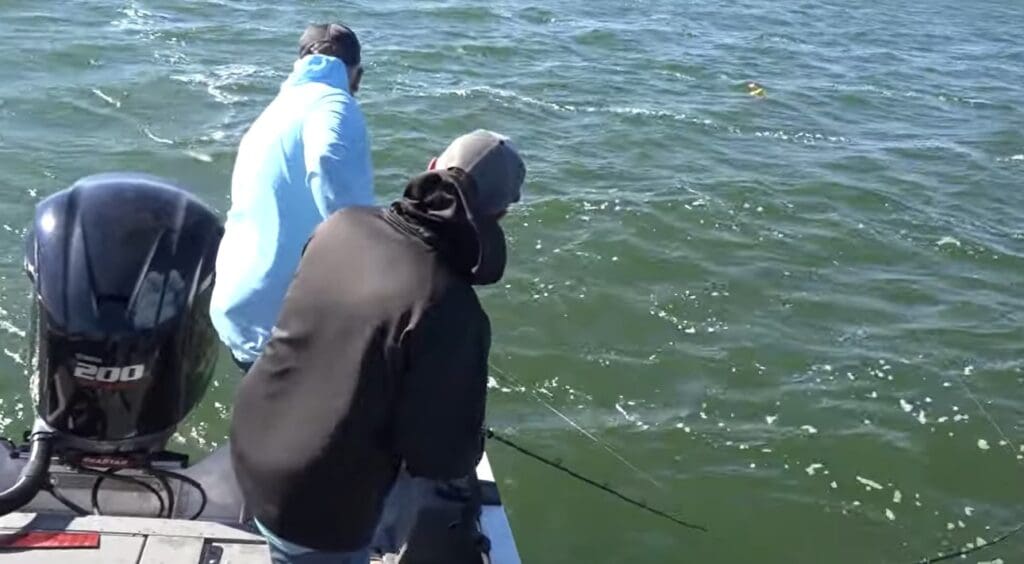 Two people on a boat, both wearing hats and jackets, are fishing the Midwest on a sunny day. They stand at the edge of the boat with rods in hand, peering into the water for Basin Trolling Walleyes as waves ripple across the lake's surface.