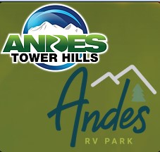 Logo for Andes Tower Hills and Andes RV Park featuring mountain graphics, a green background, and stylized text with a tree icon that highlights the welcoming atmosphere of Andes RV Park.