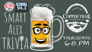 Promotional graphic for Smart Alex Trivia at Copper Trail Brewing. Features a smiling beer mug with glasses, brewery logo, radio station logos, and event details: Thursdays 6–8 PM in Alexandria, MN. Join the trivia fun!.