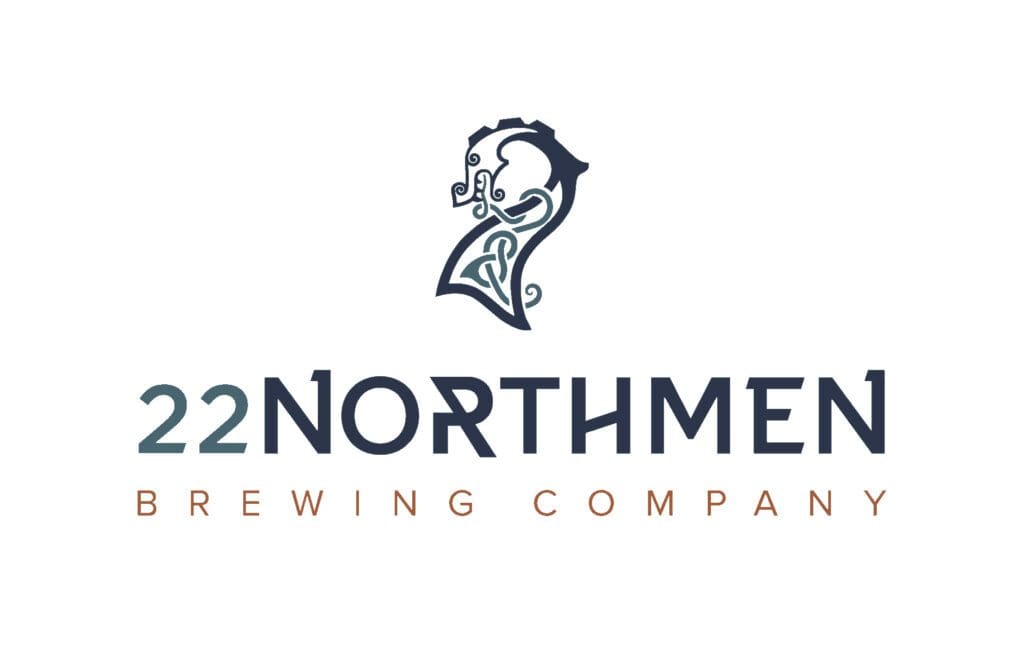 Logo for 22 Northmen Brewing Company featuring stylized Norse artwork above the company name; "22 Northmen" in large, dark blue text and "Brewing Company" in smaller, orange letters below.