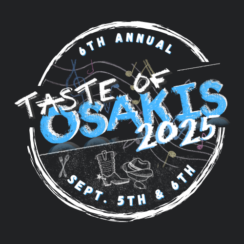 Circular logo for Taste of Osakis with “6th Annual Taste of Osakis 2025” in bold, blue and white text. Event dates “Sept. 5th & 6th” at the bottom, set on a backdrop of musical notes, a cowboy boot, and cutlery icons.