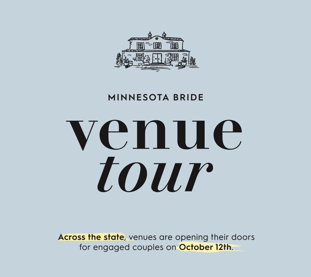 Light blue graphic featuring a house illustration above text: "MN Bride Venue Tour. Across the state, venues like Carlos Creek are opening their doors for engaged couples on October 12th." "Across the state" and "October 12th" are highlighted.