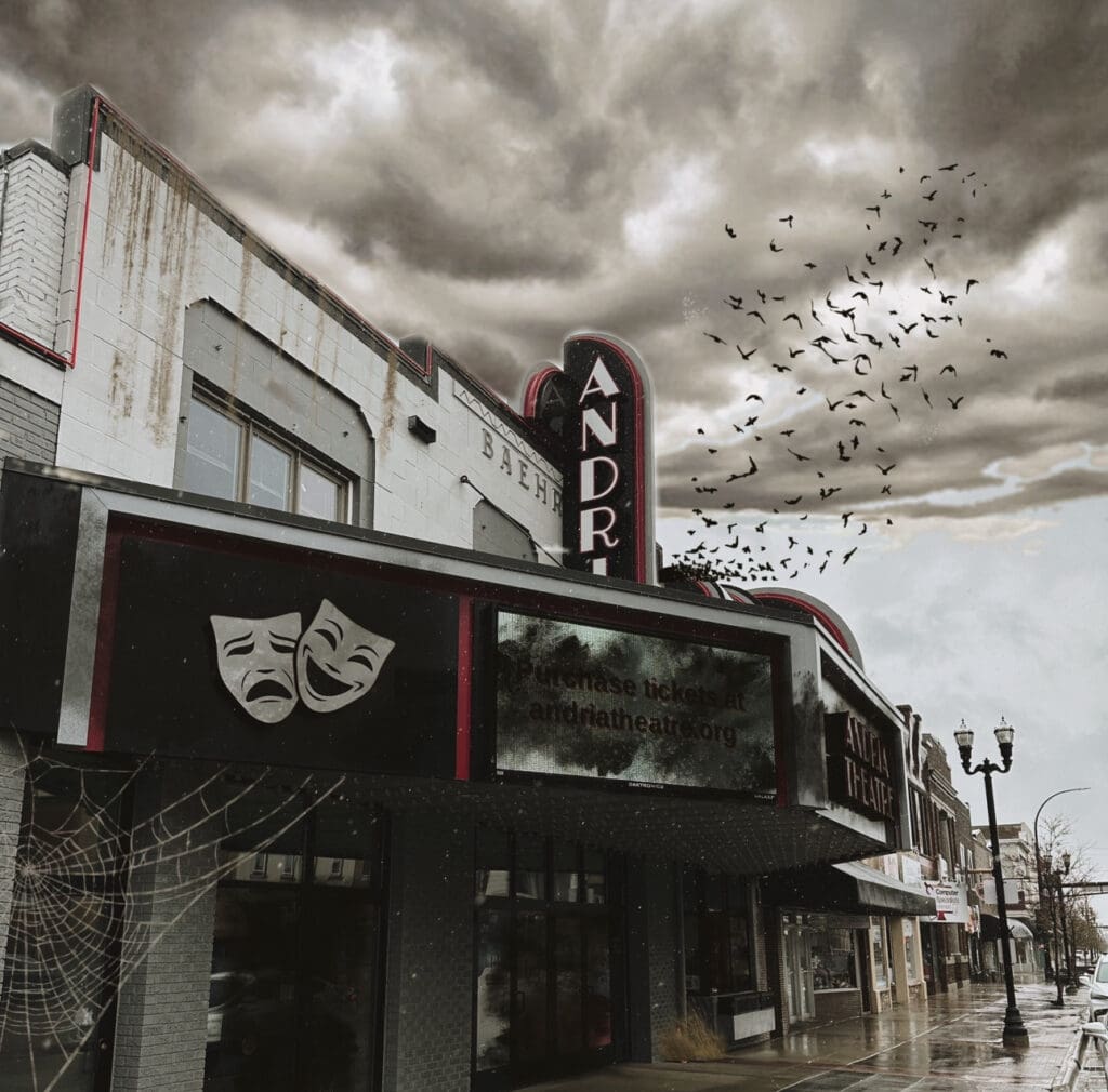 A dark, abandoned Haunted Theatre with a damaged marquee and comedy-tragedy masks. Cobwebs hang by the entrance, while a flock of birds flies beneath stormy clouds overhead, creating a dramatic, eerie atmosphere.