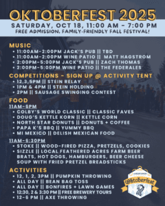 Oktoberfest 2025 schedule poster with event times, Oktoberfest band performances, competitions, food options, and activities listed for Saturday, October 18, 11 a.m. to 7 p.m. Free admission, family-friendly fall festival.