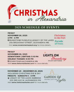 Event flyer with festive graphics and schedule for Alexandria, MN, listing events from November 28 to December 28, 2025, including Christmas In Alex celebrations like Christmas in the Fort, Lights on Broadway, and Garden of Lights.