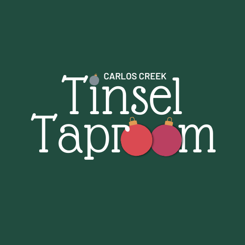 Logo for Tinsel Taproom at Carlos Creek on a dark green background, featuring ornaments replacing the dots over the letter "i" and two "o"s in "Taproom.