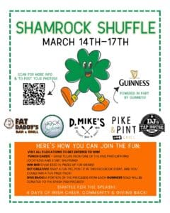 Event flyer for "Shamrock Shuffle" (March 14–17) features a smiling, running shamrock cartoon. Includes Shamrock Shuffle sponsor logos, a QR code, event details, and participation instructions with festive orange and green accents.