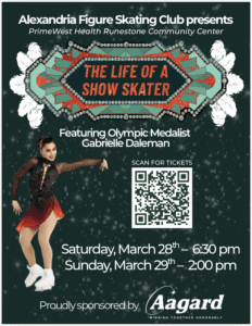 Event poster for “The Life of a Show Skater” at the Spring Ice Review, featuring Olympic medalist Gabrielle Daleman in a black and red skating outfit. Includes event dates, times, QR code for tickets, and sponsor logo.