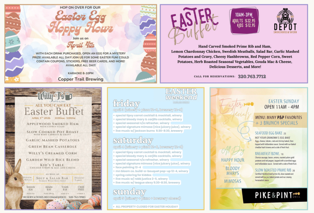 A collage of four colorful Easter brunch and buffet flyers, featuring pastel designs, festive Easter graphics like eggs, bunnies, and flowers, plus food and drink details and event dates and times.
