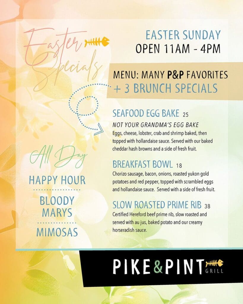 Celebrate Easter in Alexandria MN at Pike & Pint Grill with our festive menu, featuring a pastel spring-themed design, happy hour, mimosas, Bloody Marys, and delicious brunch specials from 11AM-4PM.
