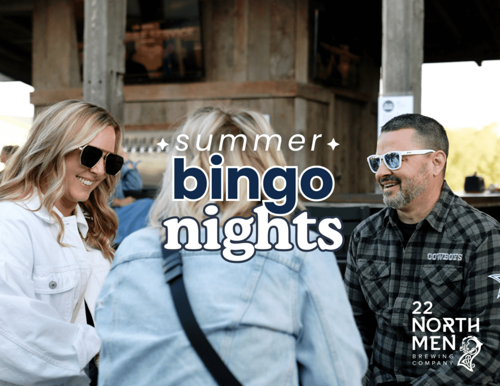 Three people wearing sunglasses smile and chat outdoors. "Summer Bingo Nights" appears in large text, with "22 North Men Brewing Company" and a bird logo visible in the bottom right corner.