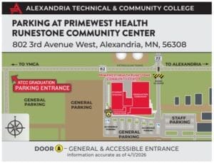 Map showing parking and entrance details for the 2026 Alexandria Tech Community College Graduation at PrimeWest Health Runestone Community Center, 802 3rd Ave W, Alexandria, MN. Key areas and entrances are clearly marked.