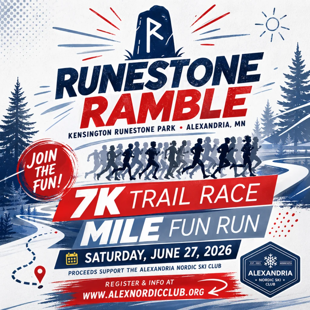 Promotional poster for the "Runestone Ramble" 7K Trail Run and Mile Fun Run, taking place in Kensington Runestone Park, Alexandria, MN, on Saturday, June 27, 2026. Trail running enthusiasts are pictured against a snowy, wooded backdrop.