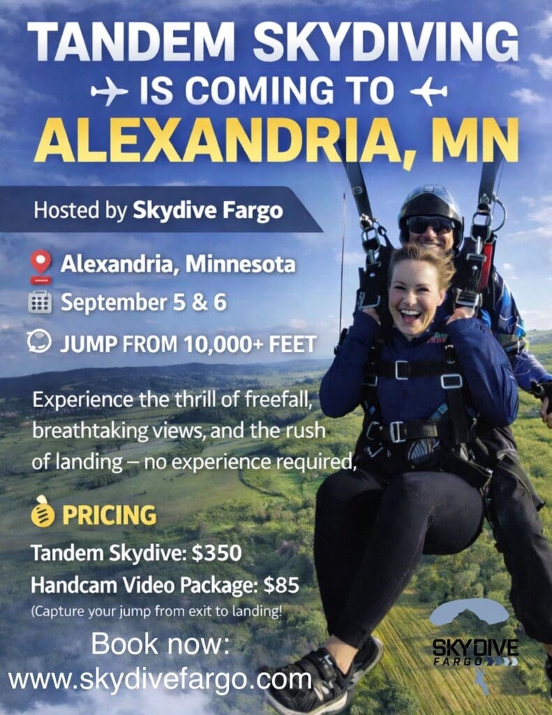 Two people enjoying tandem skydiving high above Alexandria’s green fields, smiling and giving a thumbs-up. Event details for tandem skydiving in Alexandria, MN, including pricing and booking info, are displayed in text.