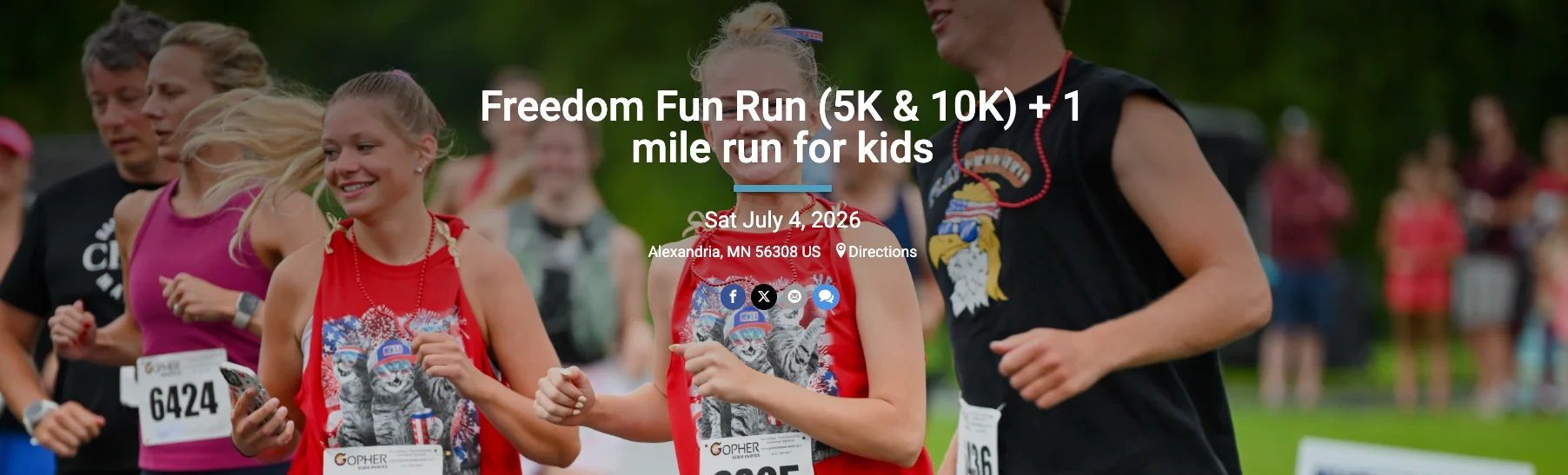 People of various ages participate in the Freedom Fun Run, wearing race bibs and red shirts, with two children smiling in the foreground. Event details are overlaid on the image. The background is green and blurred.