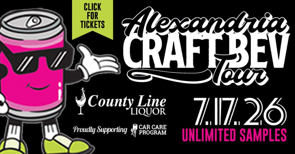 A cartoon pink soda can waves next to “Alexandria Craft Bev Tour.” Explore local tours on 7.17.26 with unlimited samples. Sponsored by County Line Liquor, supporting Car Care Program. Sign says "Click for tickets.